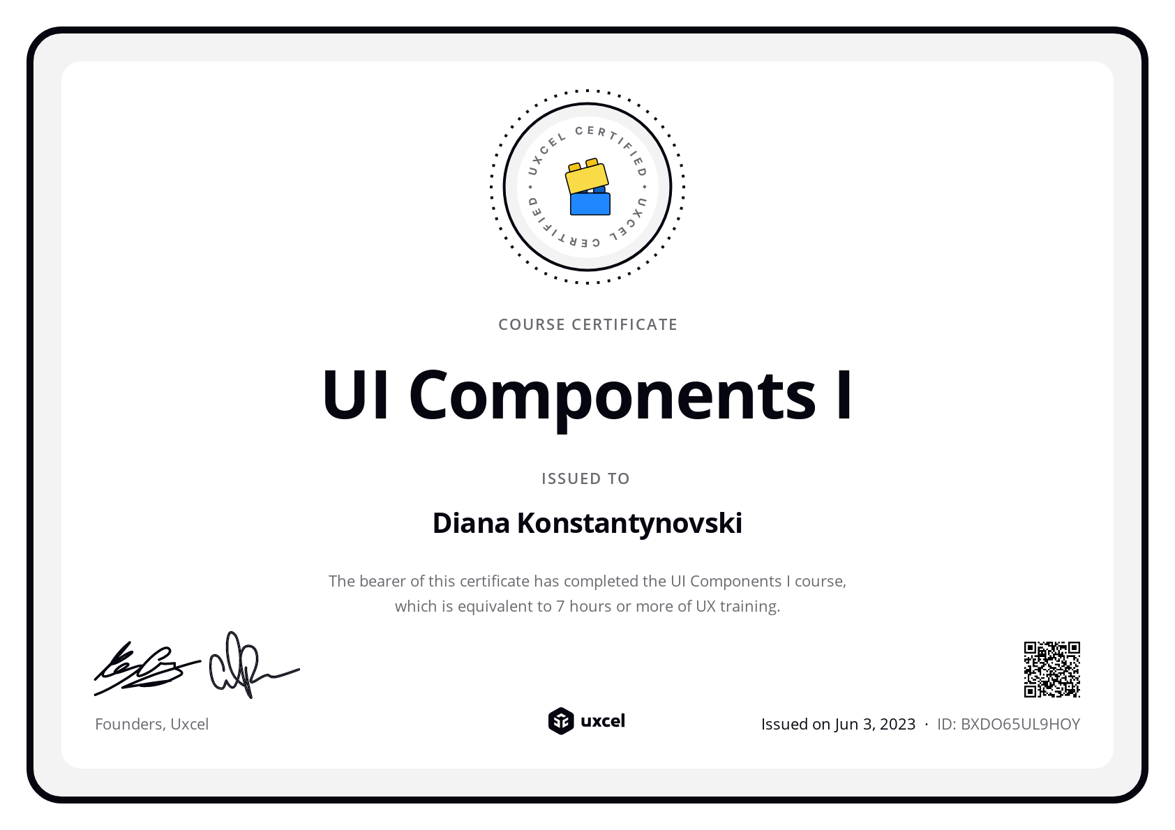 Diana Konstantynovski's certificate